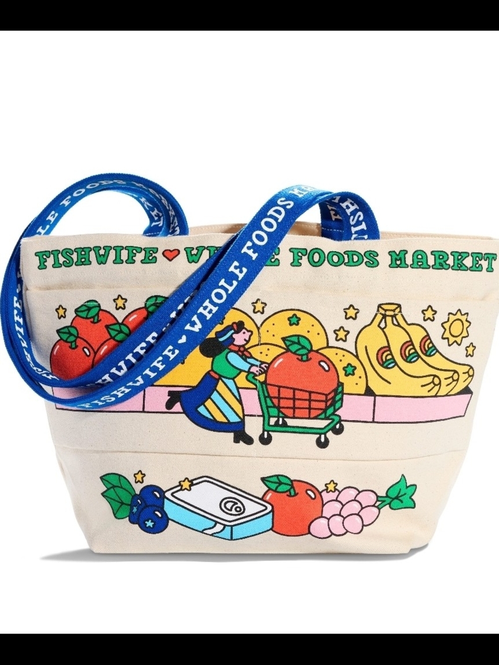 Whole Foods Fishwife Market Canvas Tote - Cream with Colorful Fruit Print Small